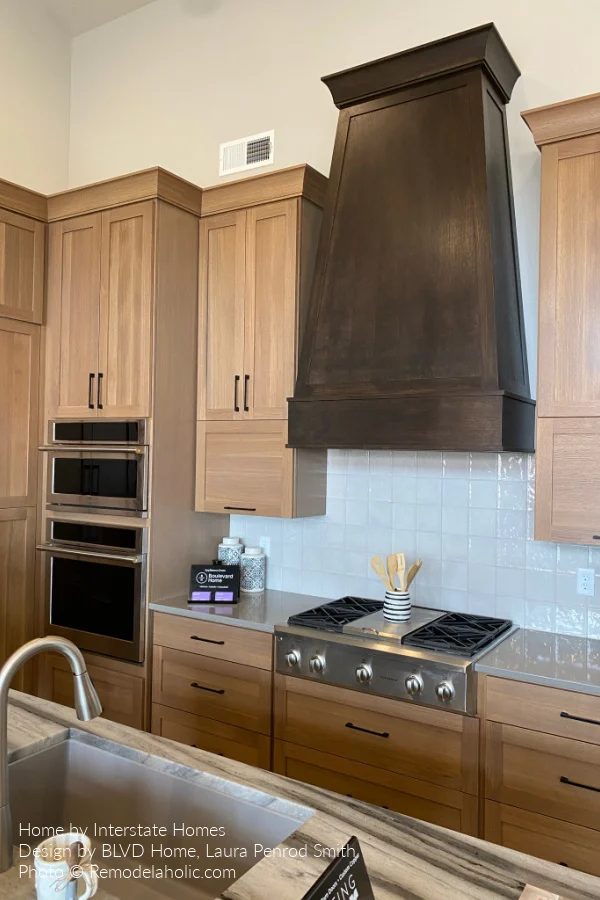 Kitchen Design options, Elongated Tall Range Hood Light Wood Cabinets Square Tile Backsplash, Bekob SGPH21 H05