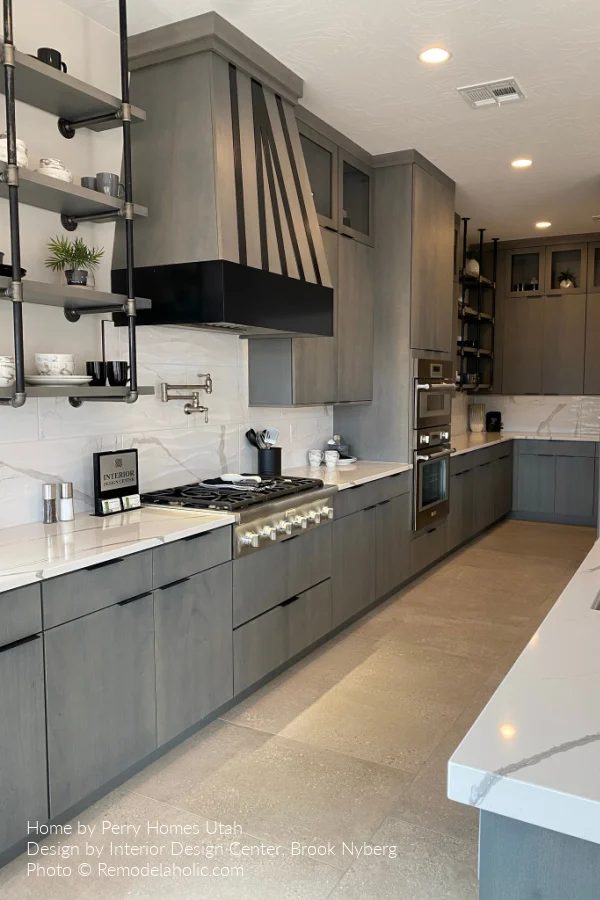 Kitchen Design options, Gray Wood Cabinets With Range Hood Detail Open Pipe Shelves, Bekob SGPH21 H09