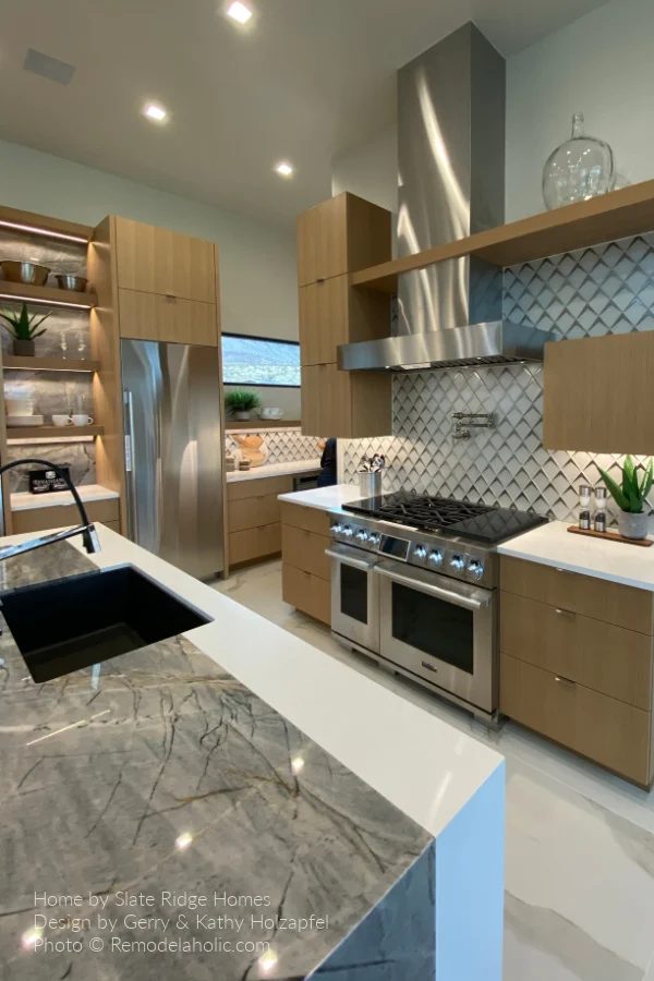 Kitchen Design options, Light Wood Cabinets Two Tone Marble Waterfall Kitchen Island, Bekob SGPH21 H03