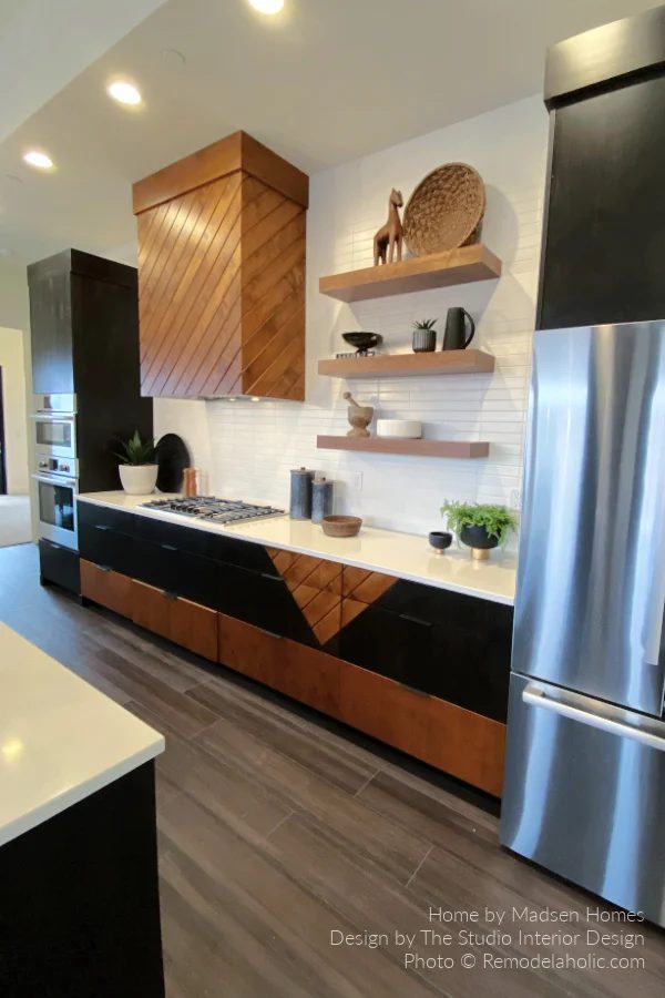 Kitchen Design options, Two Tone Black Wood Kitchen Cabinets With Diagonal Shiplap Accent Range Hood, Bekob SGPH21 H02