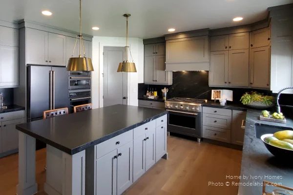 Kitchen Design options, Gray Cabinets Black Countertop Backsplash Brass Pendant Light, Bekob UVPH21 H17