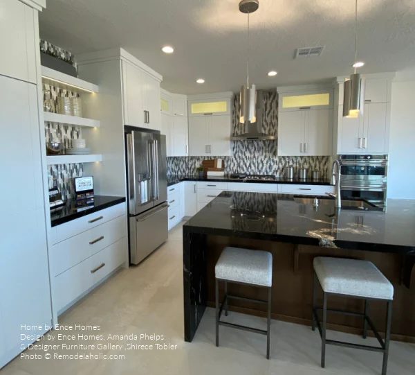 Kitchen Design options, White Kitchen Black Island Waterfall Small Tile Mosaic Backsplash, Bekob SGPH21 H19
