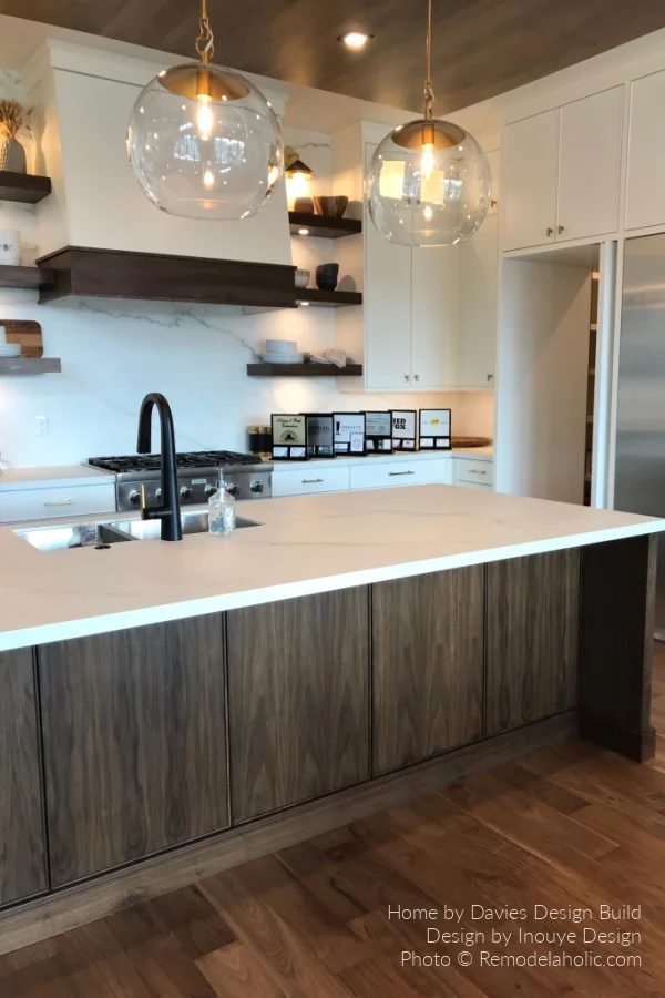 Kitchen Design options, White Cabinets Brass Handles Wood Island Floor Wood Range Hood Accent, Bekob UVPH21 H21