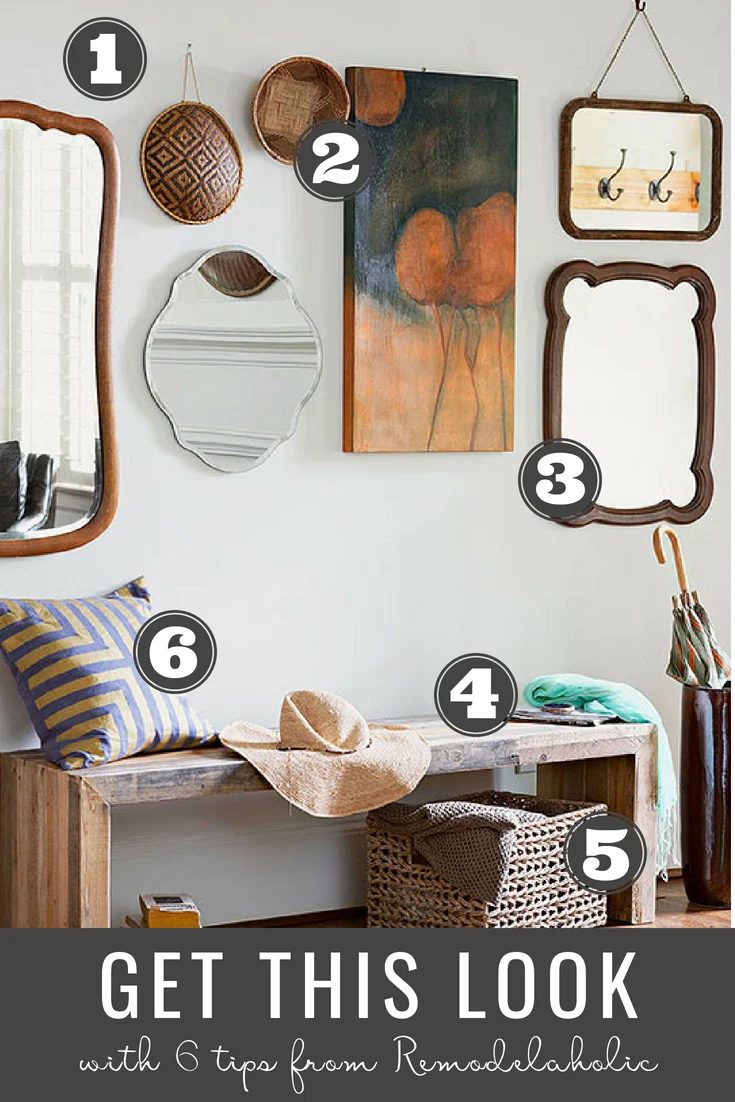 Get This Look: Modern Rustic Entryway with Mixed Materials | Mixed elements like geometric mirrors with woven baskets and a sleek wood bench with a texture rich throw pillow all he