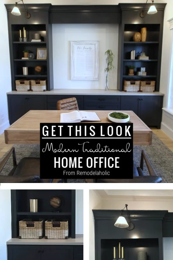A Home Office With Light Wood Desk And Dark Paint Shelving For A Modern Traditional Style