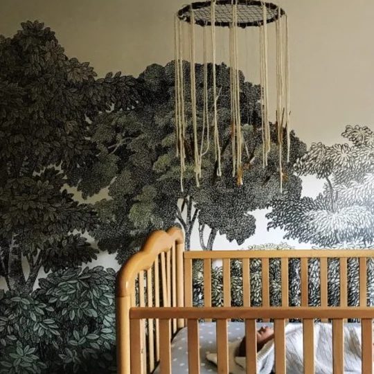 Modern Bohemian Dream Catcher Nursery Mobile Hanging Above Crib, Tree Walls In Background