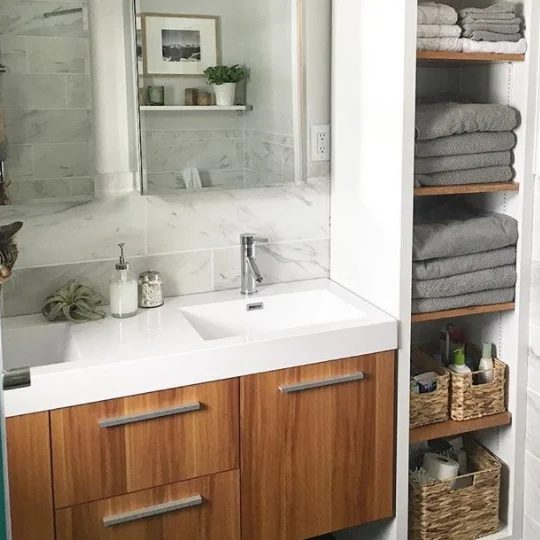 Bathroom Vanity, Wood With White Counter, Open Shelves