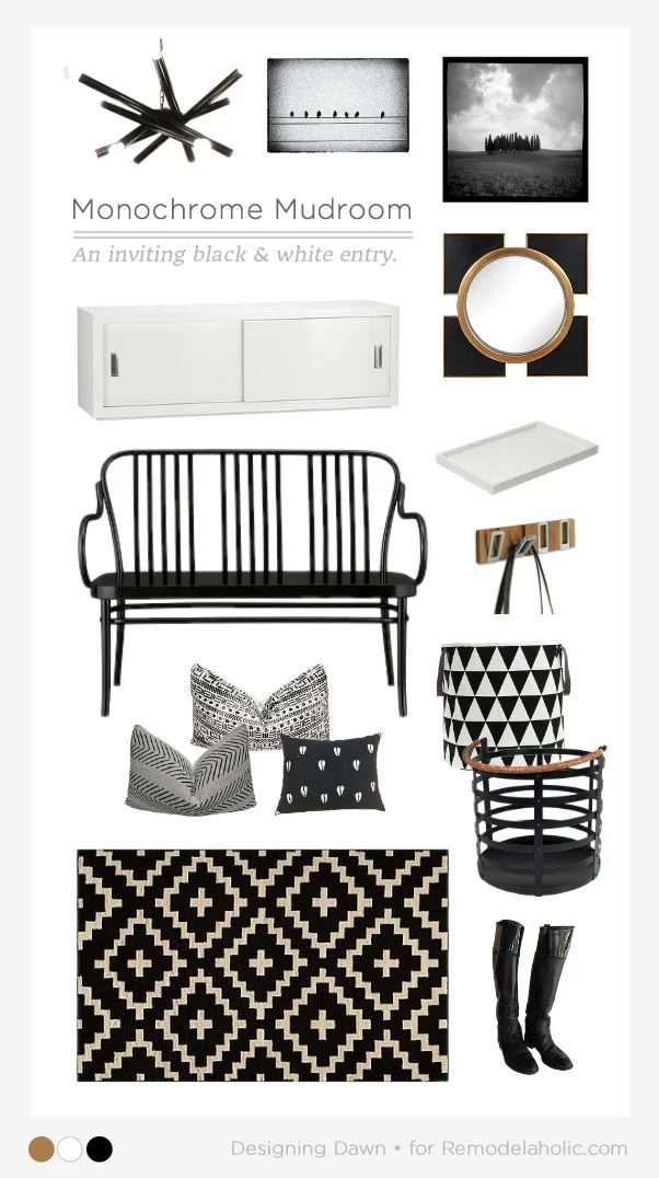 Learn to create an inviting black and white entryway, for a monochrome mudroom that is both chic and functional. Designing Dawn for Bekob.com