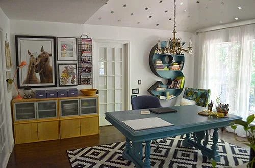 vivid home office with an upcylced monogram shelf by The Happy Homebodies featured on @Bekob