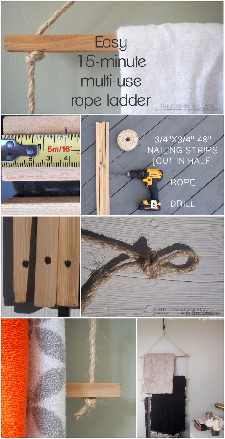 Using just rope and some 1x1 wood you can make a great towel or blanket rack in 15 minutes! Via The Learner Observer for Bekob.com