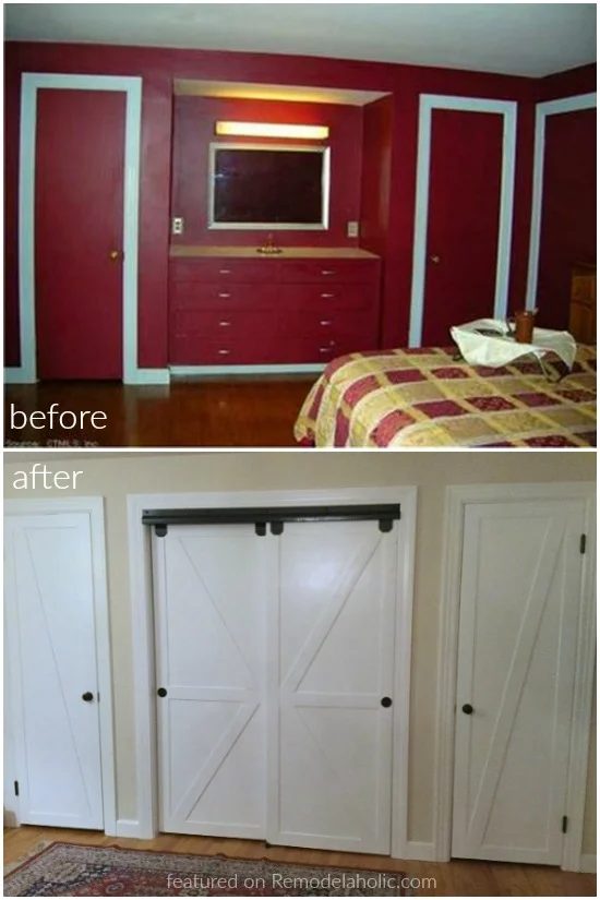 Before And After Handmade Closet And Bypass Closet Doors Turned Faux Sliding Barn Doors Featured On @Bekob