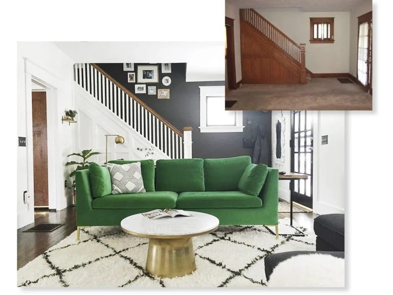 Before And After Living Room Renovation With Green Couch And Patterned Rug And Painted Accent Wall With White Paint Elsewhere