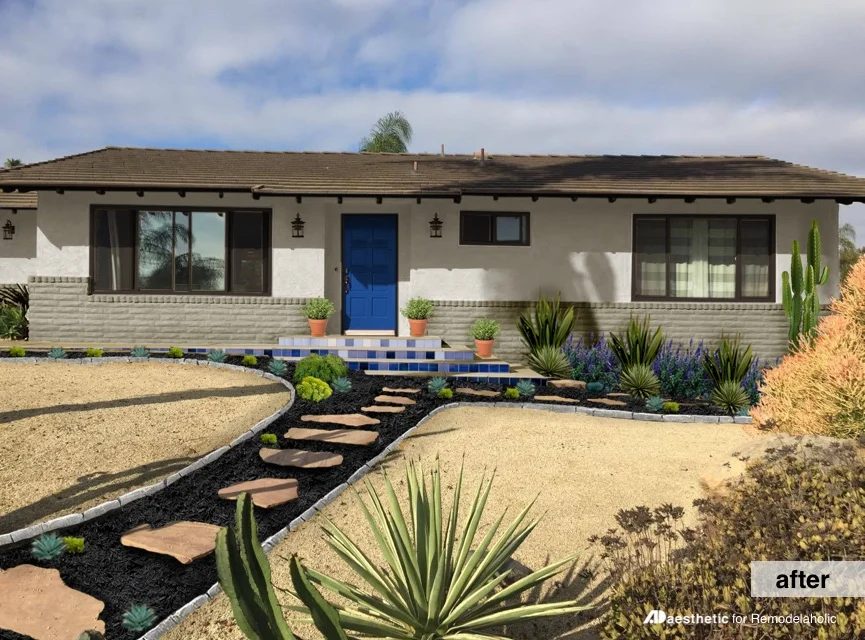 Southwestern stucco doesn't have to be "adobe orange" -- get some neutral desert curb appeal inspiration and options with this striking virtual makeover by AD Aesthetic on Bekob.c