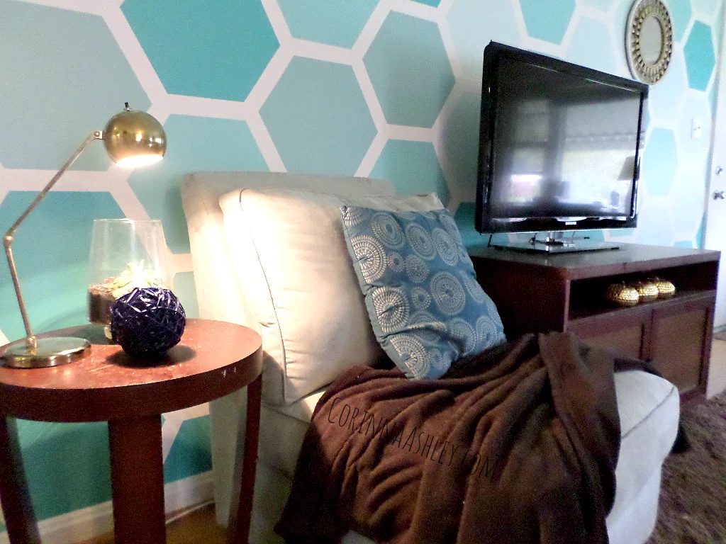 painted hexagon accent wall with tv and end table, For My Love Of featured on Bekob