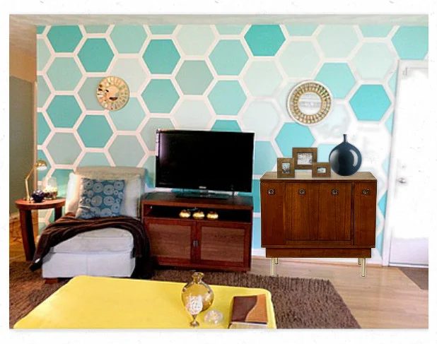 record cabinet with a hexagon painted wall, For My Love Of featured on Bekob