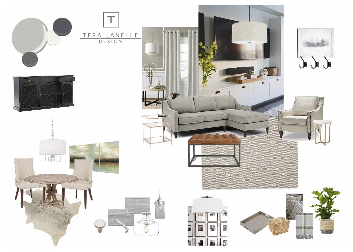 striking neutral and cohesive grown-up style for an open plan dining room and living room | Tera Janelle Design - Dining Room Design Board for Bekob.com