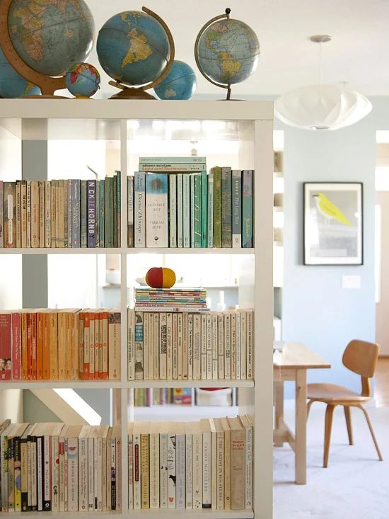 open book shelf with globes, Better Homes and Gardens