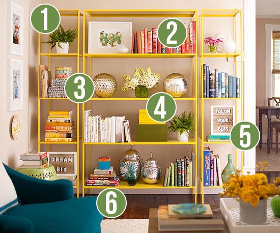 Get This Look: Stylish Library of Open Shelving | 6 Tips for Chic Open Shelves from Bekob.com #getthislook #bookshelves #style #tips