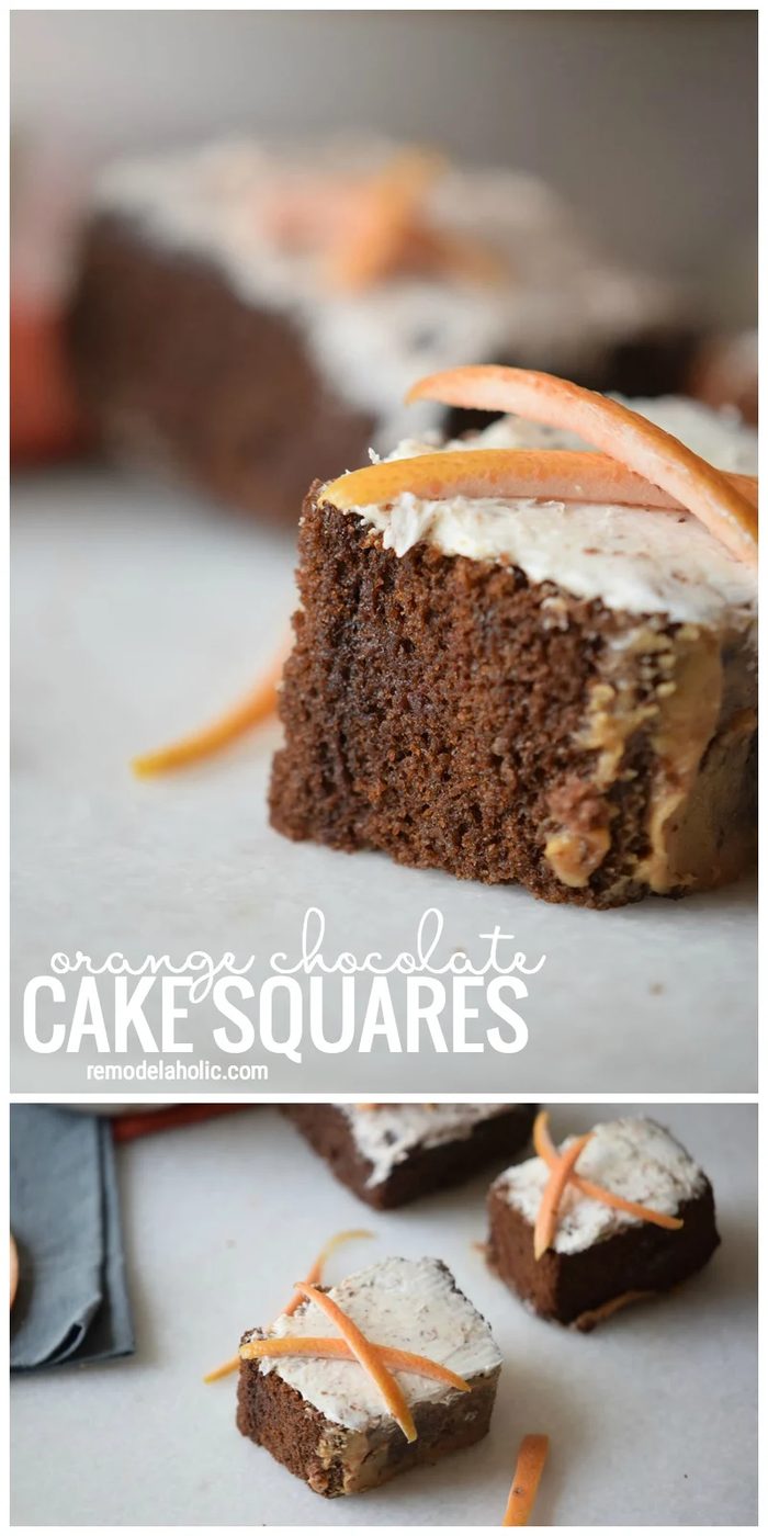 Try These Yummy Treats To Satisfy A Sweet Tooth. Orange Chocolate Cake Squares Via Bekob.com