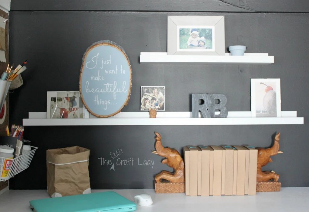 Floating shelves in a closet home office - The Crazy Craft Lady featured on @Bekob