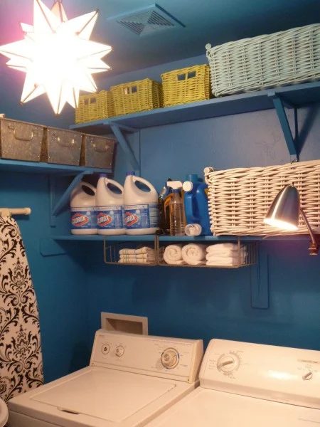 blue laundry room makeover and reorganization