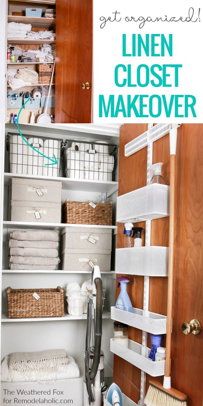Get organized! This linen closet makeover features an adjustable over the door organizer for cleaning supplies, plus baskets and boxes to organize AND there's room to store the vac