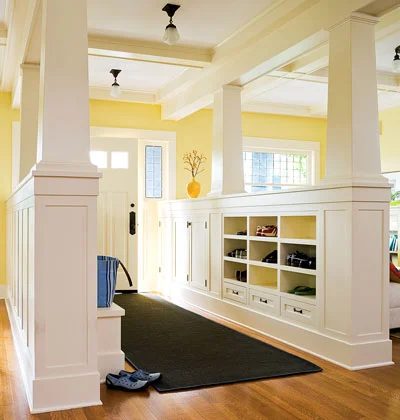 entry mudroom using columns and cubbies