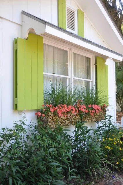 exterior shutters - colorful cottage shutters with awning and window boxes, Jane Coslick