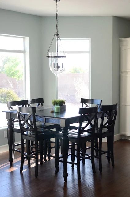 Breakfast Nook With Wood Floors Painted In Rainwashed Sherwin Williams Simplify Featured On Bekob