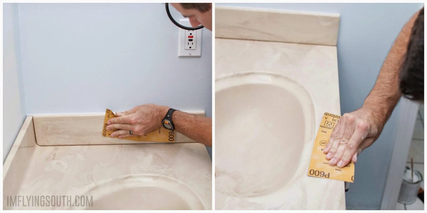 prep sink and countertop for painting by sanding - I'm Flying South featured on @Bekob