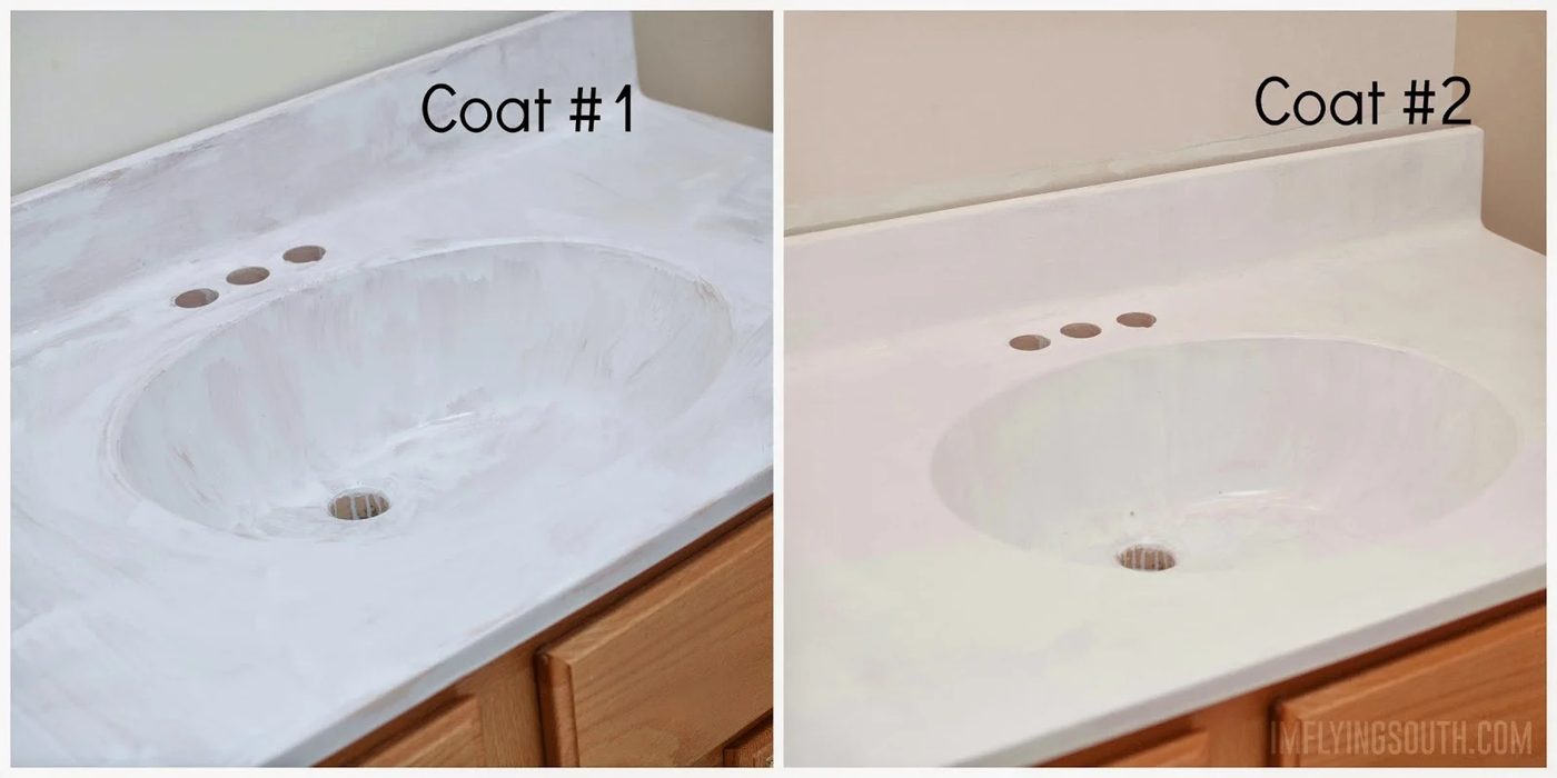 painted bathroom sink and countertop process - I'm Flying South featured on @Bekob