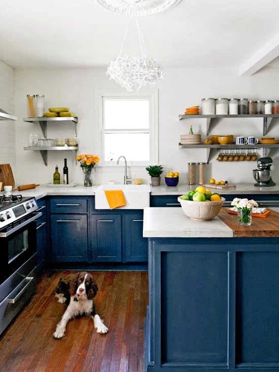 royal blue painted base cabients kithcen with colofully painted cabinets