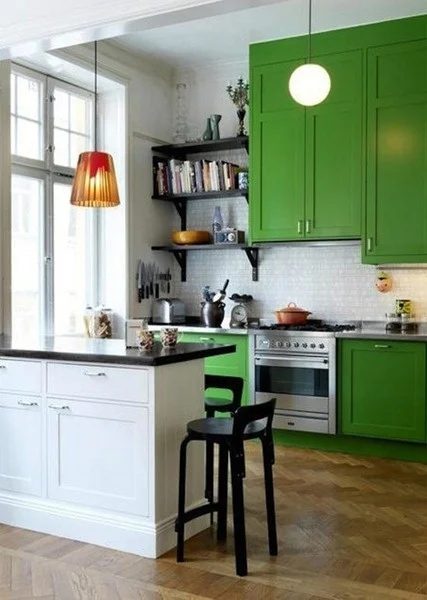 Green painted kitchen cabinets