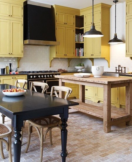 Yellow painted kitchen cabinets