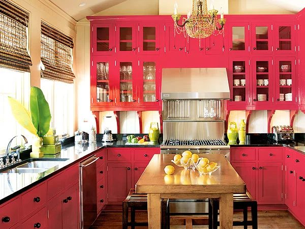 Pink painted kitchen cabinets