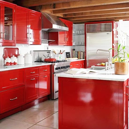 BH&G laquered red cabinets