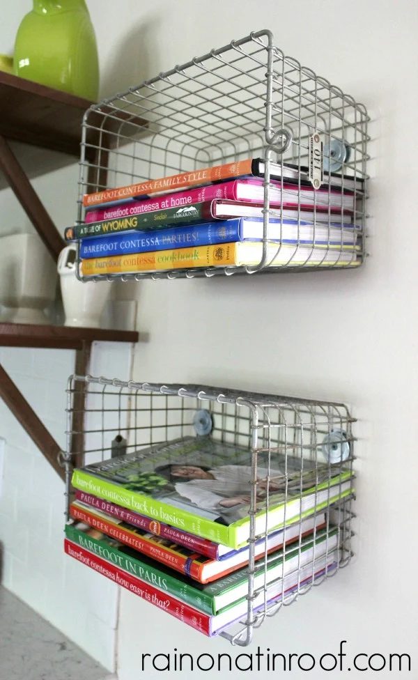 wire basket shelving to hold cookbooks in the kitchen, Rain On A Tin Roof featured on Bekob