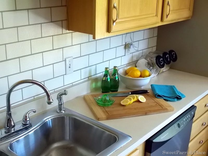 faux subway tile painted kitchen backsplash