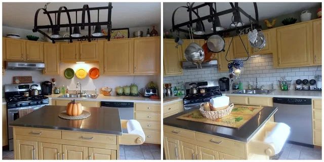 faux painted subway tile backsplash before and after