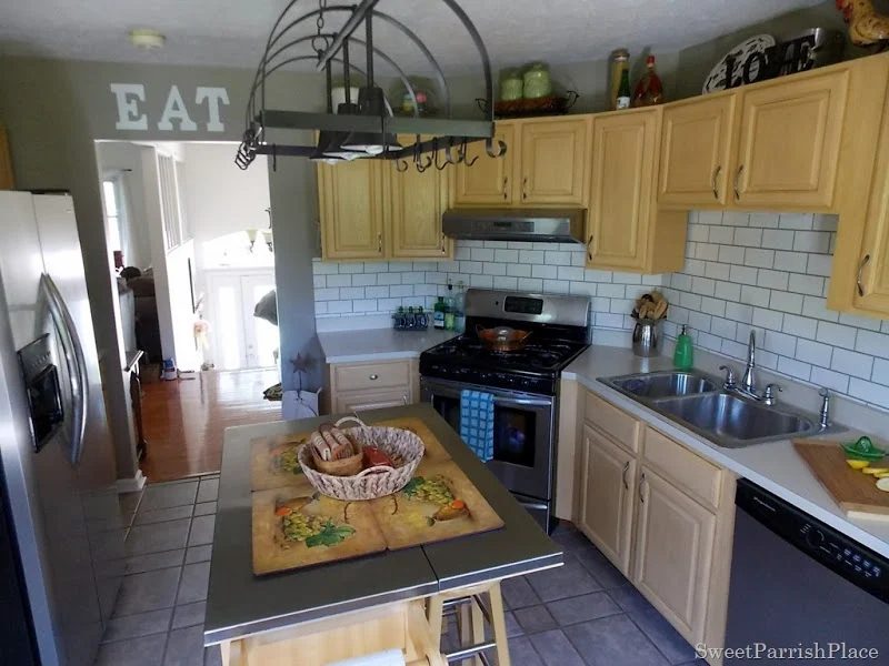 faux painted subway tile backsplash