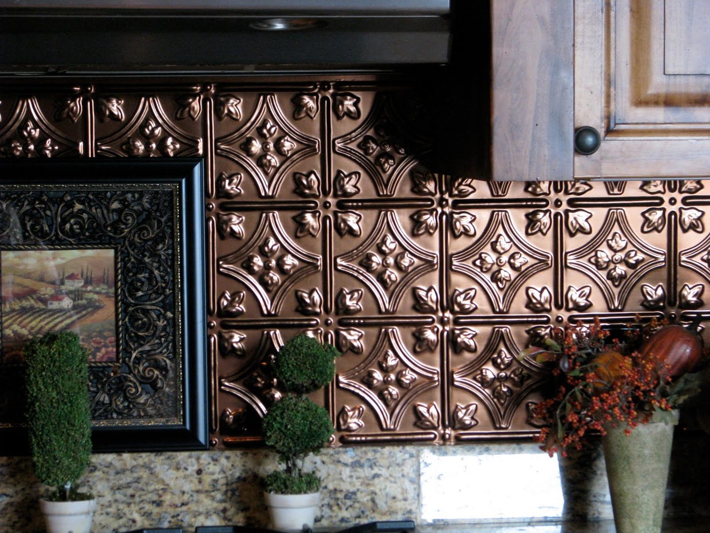 faux tin tile backsplash - The Gathering Place Design