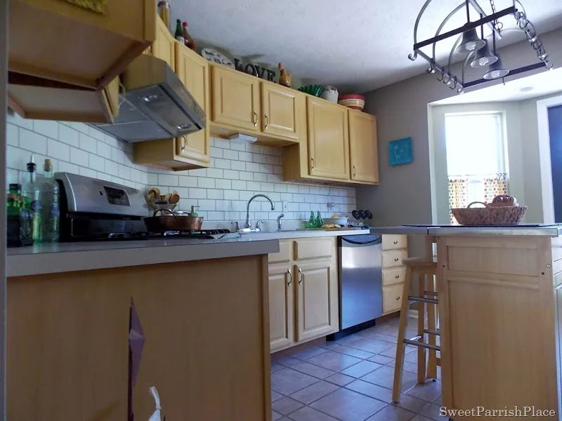 faux painted subway tile kitchen backsplash