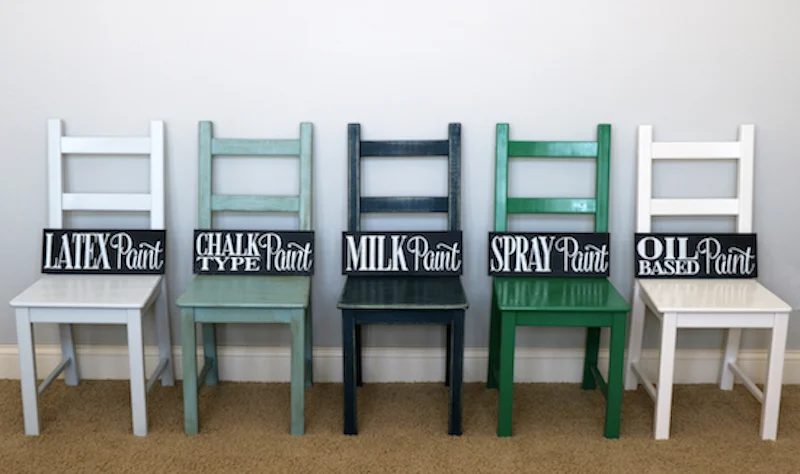 Painting Furniture Tis For Using 5 Different Types Of Paint, Photo Of 5 Chairs All Different Colors With The Type Of Paint Shown On Each