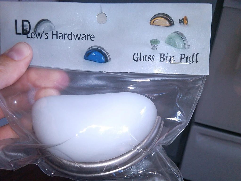 6 Milk glass drawer pulls for painted kitchen cabinets, Mom and Her Drill featured on @Bekob