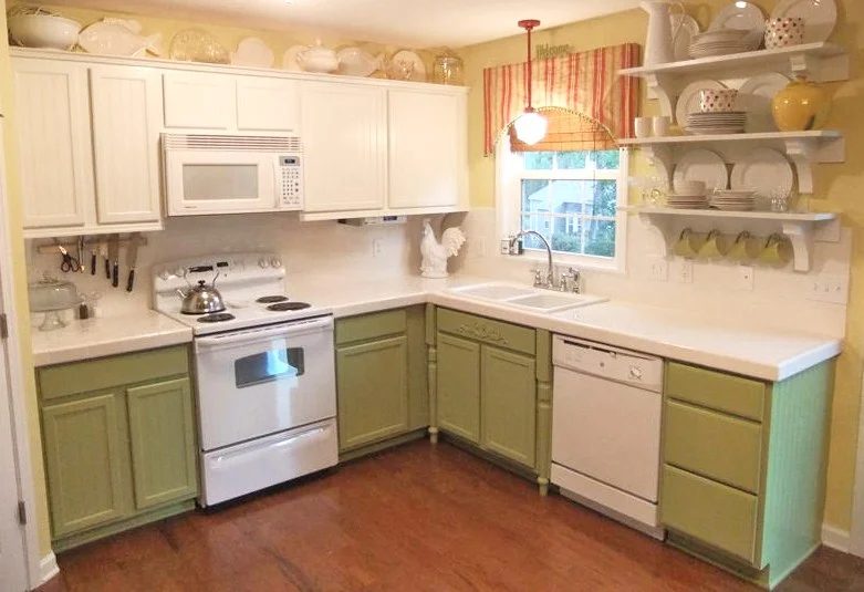 3 Green painted cabinets to gray, Natural Choice by Sherwin Williams, Mom and Her Drill featured on @Bekob