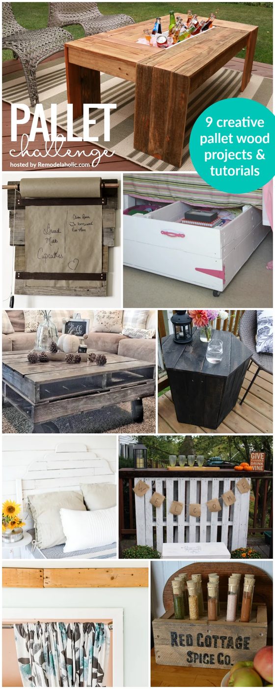 The Pallet Challenge: 9 creative Handmade pallet projects with FULL tutorials. Includes an outdoor coffee table with drink cooler, memo board, storage, headboard, and more.