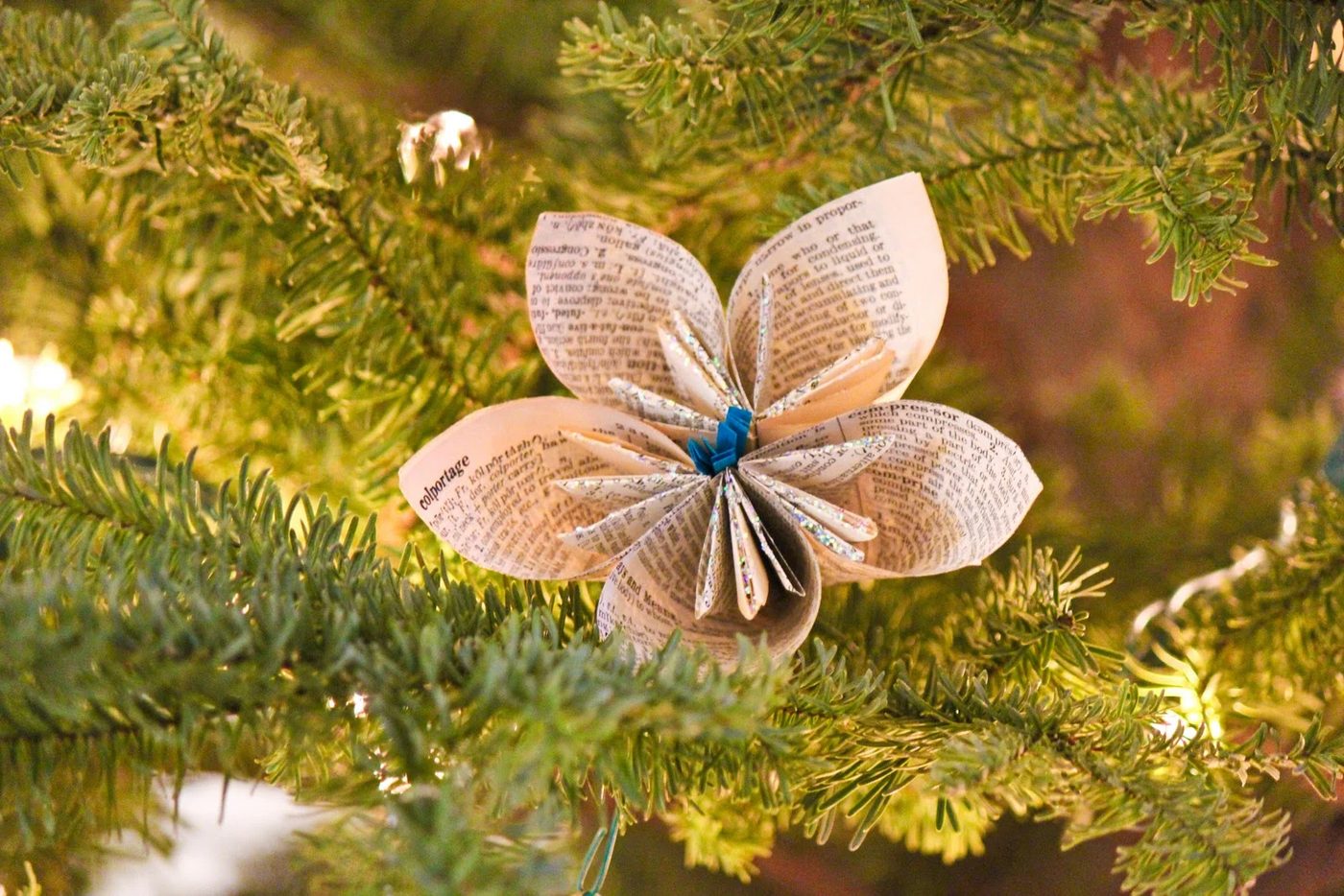 Folded Paper Dictionary Page Flower and other straightforward christmas decorations featured on Bekob.com