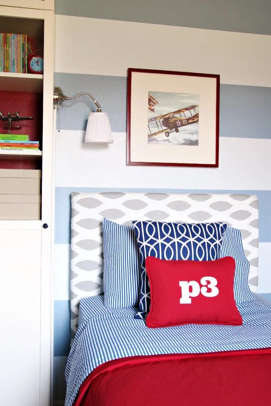pattern mixing boys room in red and blue, I Heart Organizing