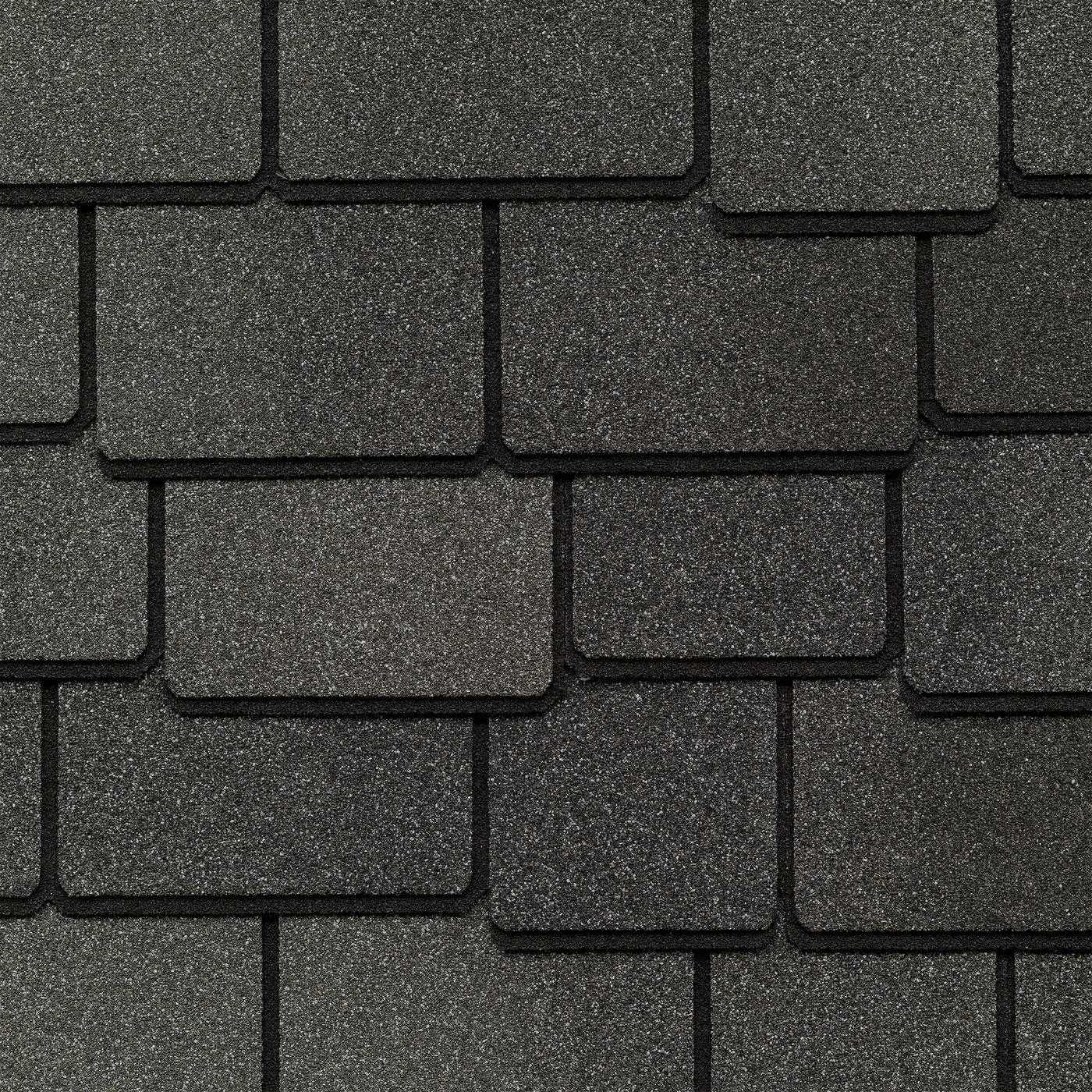 Close up photo of GAF's Woodland Castlewood Gray shingle swatch