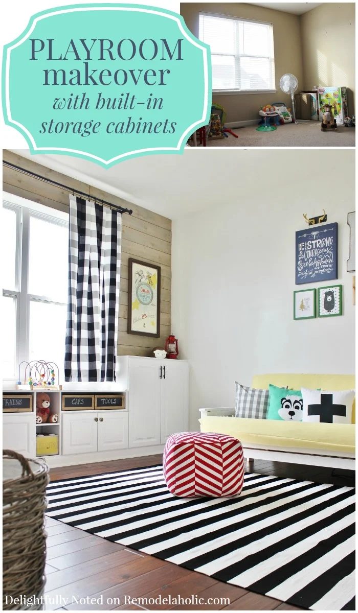 Handmade playroom makeover with built-in storage cabinets and a plank wall via @Bekob